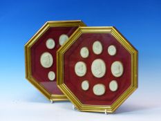 TWO OCTAGONAL GILT FRAMES OF NINE PLASTER CAST MEDALLIONS DEPICTING ITALIAN AND ROMAN WORTHIES,