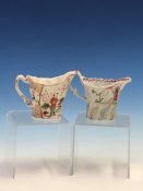 A LONGTON HALL CREAM JUG TOGETHER WITH A CHELSEA EWER CREAM JUG BY PENNINGTON AND PART, BOTH PAINTED