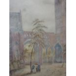19th CENTURY ENGLISH SCHOOL FIGURES CONVERSING BY A CLOISTER WATERCOLOUR 43 x 32cms.
