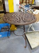 A VICTORIAN TOPPED IRON TABLE, THE CIRCULAR TOP PIERCED AND CAST WITH FIVE FLOWER HEAD CENTRED