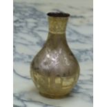 A CHINESE GILT METAL BOTTLE VASE INCISED WITH ALTERNATING ROUNDELS OF DEER AND BIRDS ON A STIPPLED G