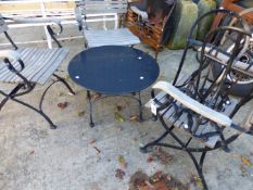 THREE WOOD AND WROUGHT IRON GARDEN CHAIRS, AND A SMALL TABLE