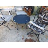 THREE WOOD AND WROUGHT IRON GARDEN CHAIRS, AND A SMALL TABLE
