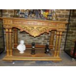 A LATE 19th C. PAINTED TWO TIER CONSOLE TABLE, THE GREEN TOP RAISED ABOVE A GREEN CHAIN AND FLOWER