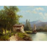 19th.C. CONTINENTAL SCHOOL. A RIVER VIEW, SIGNED INDISTINCTLY, OIL ON CANVAS, 47 x 55cms.