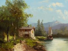 19th.C. CONTINENTAL SCHOOL. A RIVER VIEW, SIGNED INDISTINCTLY, OIL ON CANVAS, 47 x 55cms.