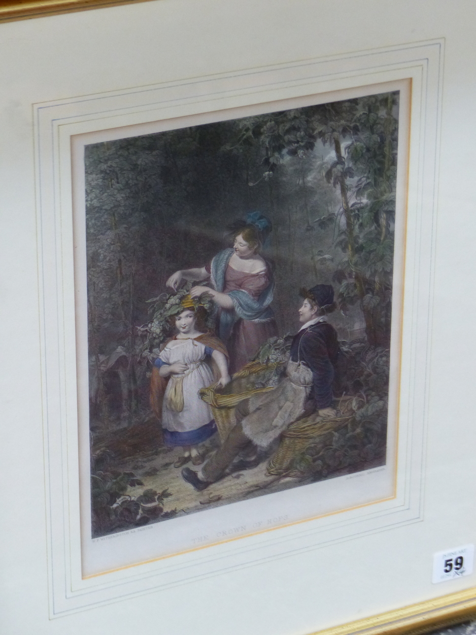 FOUR GILT FRAMED HAND COLOURED PRINTS OF VICTORIAN FIGURAL SUBJECTS. SIZES VARY (4) - Image 4 of 6