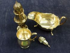 A HALLMARKED SILVER GRAVY BOAT, SUGAR SIFTER, SMALL TANKARD AND PEPPER