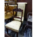 A VICTORIAN PRIE DIEU CHAIR AND EDWARDIAN SIDE CHAIR AND A MAHOGANY OCCASIONAL TABLE.