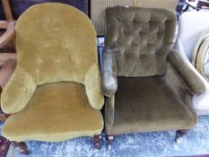 TWO VICTORIAN MAHOGANY BUTTON UPHOLSTERED ARM CHAIRS.