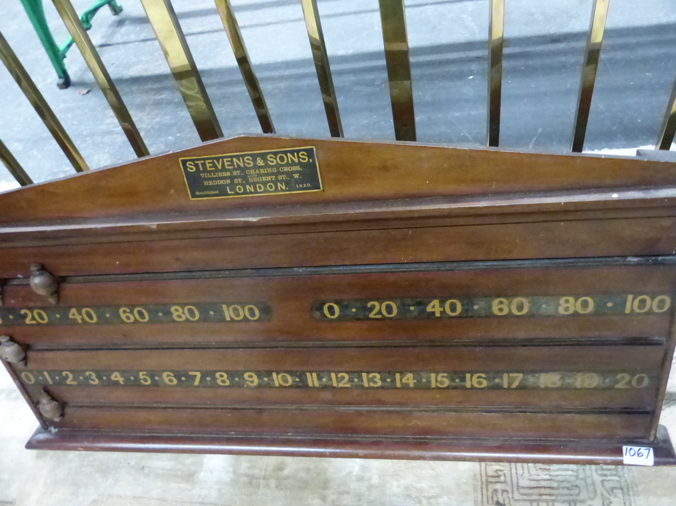 AN ANTIQUE MAHOGANY BILLIARD SCORE BOARD, BY STEVENS AND SONS, 50 x 98cms