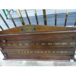 AN ANTIQUE MAHOGANY BILLIARD SCORE BOARD, BY STEVENS AND SONS, 50 x 98cms