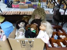 A QUANTITY OF VARIOUS BISQUE HEAD AND OTHER DOLLS INCLUDING MINIATURE BABY EXAMPLES IN DISPLAY CASE.