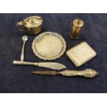 A CHESTER HALLMARKED SILVER TRAY, HALLMARKED SILVER CRUET, A SMALL CIGARETTE CASE NAIL FILE ETC.