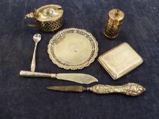 A CHESTER HALLMARKED SILVER TRAY, HALLMARKED SILVER CRUET, A SMALL CIGARETTE CASE NAIL FILE ETC.