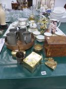 A VICTORIAN WALNUT TEA CADDY, AN ART DECO BRASS ASHTRAY, BRASS TOBACCO BOX, PEWTER TANKARDS,