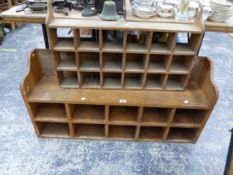 TWO VINTAGE PINE PIGEON HOLE SHELVES.