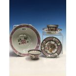 A PAIR OF CHINESE TEA BOWLS AND SAUCERS, EACH PAINTED WITH THREE FLORAL VIGNETTES ON A PINK