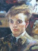 20th CENTURY SCHOOL. PORTRAIT OF A YOUNG MAN, SIGNED INDISTINCTLY, OIL ON BOARD. 62 x 46cms