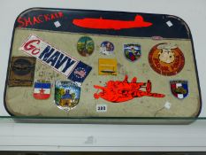 A VINTAGE SUITCASE WITH VARIOUS INTERESTING STICKERS, MUNCHEN 1972, FLOUR POWER, SHACKAIR,