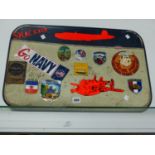 A VINTAGE SUITCASE WITH VARIOUS INTERESTING STICKERS, MUNCHEN 1972, FLOUR POWER, SHACKAIR,