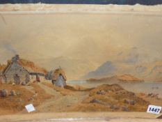 19th CENTURY SCHOOL. A CROFTERS HIGHLAND COTTAGE BY A LAKE, WATERCOLOUR 24 x 40cmS TOGETHER WITH A