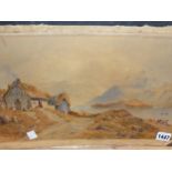 19th CENTURY SCHOOL. A CROFTERS HIGHLAND COTTAGE BY A LAKE, WATERCOLOUR 24 x 40cmS TOGETHER WITH A