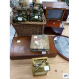 AN INLAID WOODEN HAND MIRROR, A CASED BOX OF COUNTERS, A BRASS CARRIAGE CLOCK, FOUR POTTERY