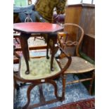 A MAHOGANY DRESSING STOOL, A BEDROOM CHAIR AND AN OCCASIONAL TABLE.
