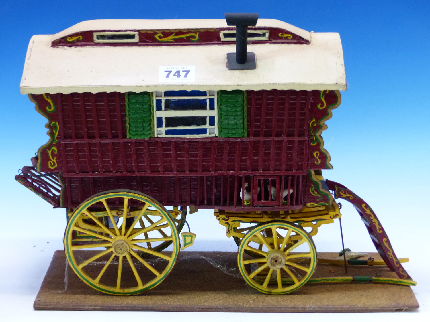 A SCRATCH BUILT SCALE MODEL OF A ROMANY GYPSY TRAVELLERS WAGON / VARDO. 35cms.
