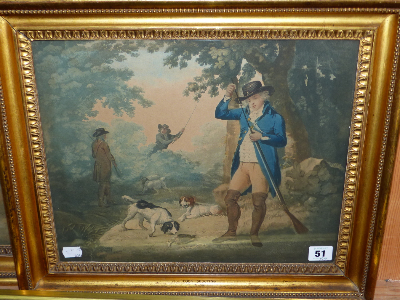 TWO ANTIQUE HAND COLOURED SHOOTING PRINTS, PERIOD GILT FRAMES 30 x 37cmS (2)