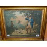 TWO ANTIQUE HAND COLOURED SHOOTING PRINTS, PERIOD GILT FRAMES 30 x 37cmS (2)