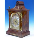 A LATE 19th C. A. G. U. LENZKIRCH BURR WALNUT CASED MANTEL CLOCK CHIMING ON TWO COILED RODS, THE