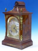 A LATE 19th C. A. G. U. LENZKIRCH BURR WALNUT CASED MANTEL CLOCK CHIMING ON TWO COILED RODS, THE