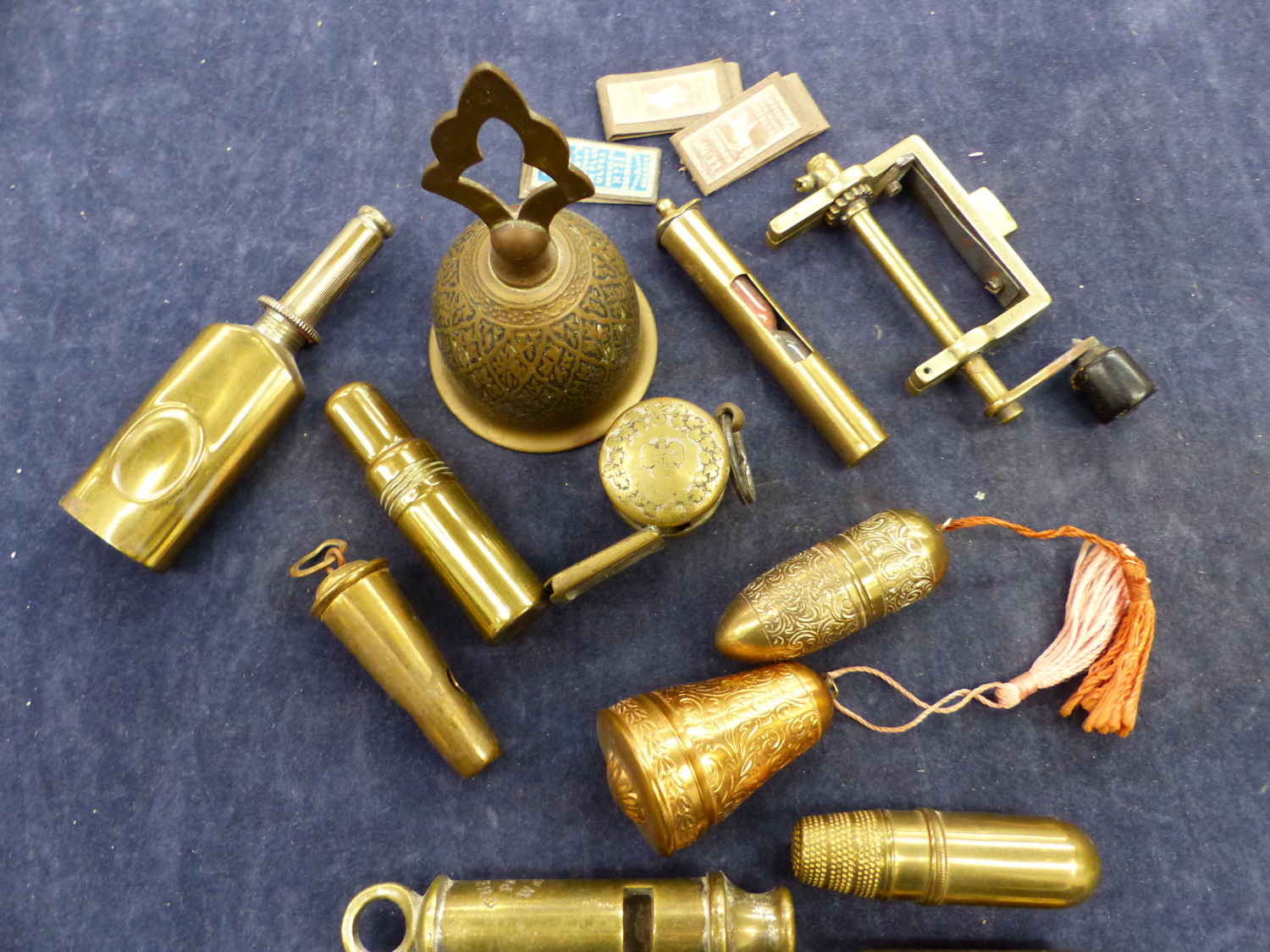 A QUANTITY OF BRASS SEWING ACCOUTREMENTS, WHISTLES, A STAMP PRESS ETC - Image 5 of 5