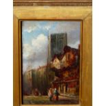 19th CENTURY ENGLISH SCHOOL. A CONTINENTAL TOWN SCENE, OIL ON PANEL. 18 x 12cms