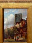 19th CENTURY ENGLISH SCHOOL. A CONTINENTAL TOWN SCENE, OIL ON PANEL. 18 x 12cms