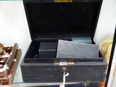 A ANTIQUE LEATHER DOCUMENT CASE ENGRAVED JOHN STRAIN AND OTHER BOXES