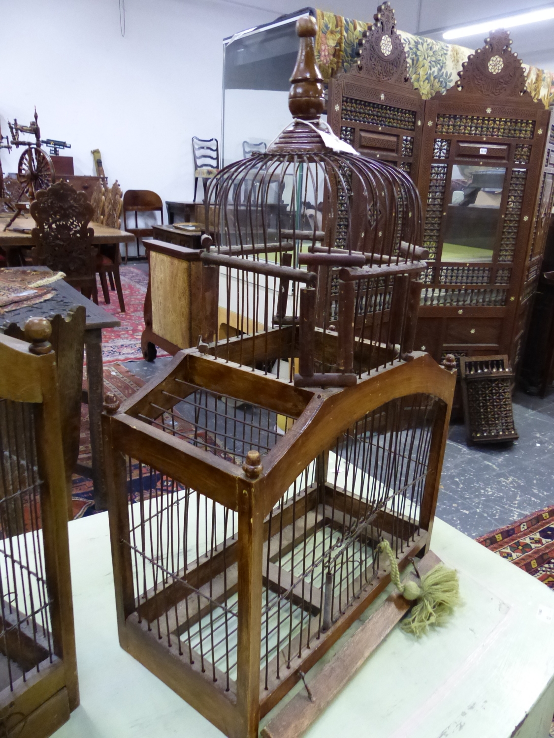 TWO VINTAGE ORNAMENTAL WOOD AND WIRE BIRD CAGES. LARGEST 36 x 83 x 22cms. - Image 3 of 7