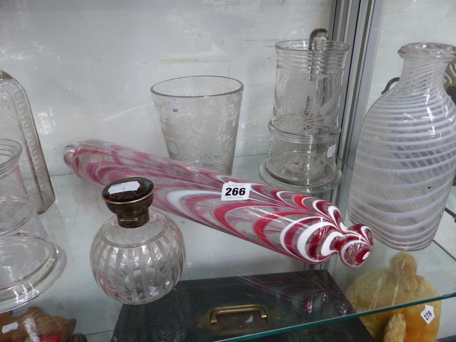 18th C. AND LATER GLASSWARE TO INCLUDE A ROLLING PIN, A SILVER TOPPED SCENT BOTTLE , TWO TANKARDS - Image 2 of 22