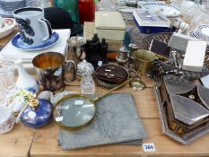 A TRIPLE SILVER PLATED TEA CADDY ON STAND, A ROYAL COPENHAGEN BICENTENARY PLATE, A SILVER MOUNTED