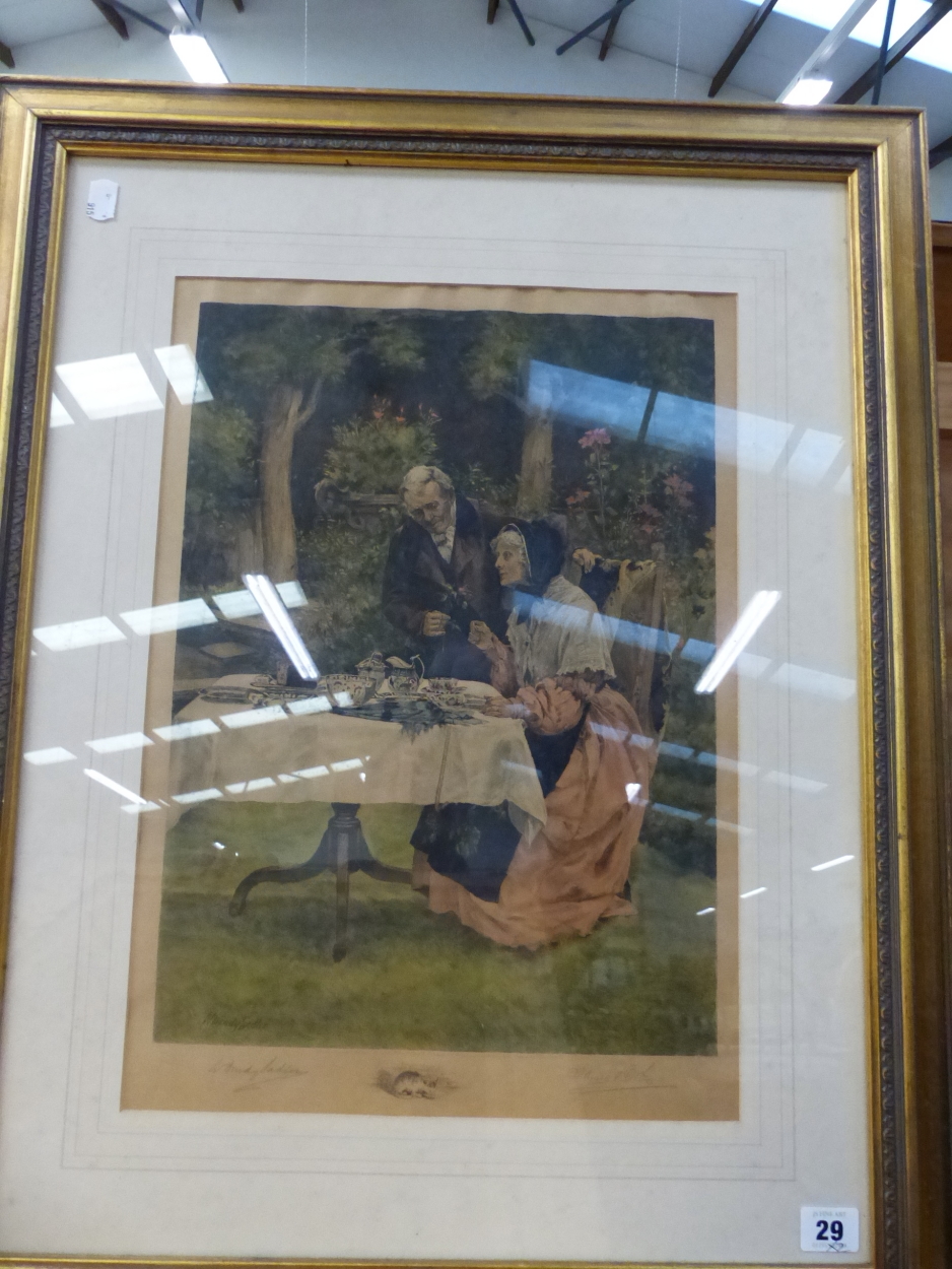 AFTER W. DENBY SANDLER. TWO HAND COLOURED PENCIL SIGNED PRINTS OF COUPLES IN GARDENS. 47 x 33cms ( - Image 2 of 3