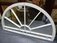 A WHITE PAINTED WOOD MIRRORED FANLIGHT FORM ROUND ARCH PANEL. W 160 x H 90cms.