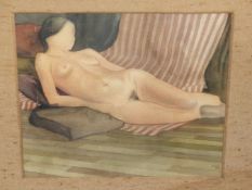 DAVID LAIDLAW (20th CENTURY ENGLISH SCHOOL) ARR. RECLINING NUDE, SIGNED WATERCOLOUR. 22 x 23cms.