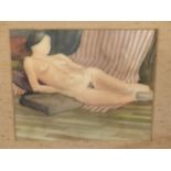 DAVID LAIDLAW (20th CENTURY ENGLISH SCHOOL) ARR. RECLINING NUDE, SIGNED WATERCOLOUR. 22 x 23cms.