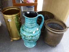 A BRASS STICK STAND, A LARGE POTTERY EWER AND TWO BRASS BUCKETS