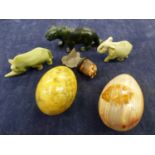 THREE HARDSTONE CARVED ANIMALS AND TWO EGGS