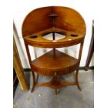 A 19th C. LINE INLAID MAHOGANY CORNER WASH STAND, THE TOP PIERCED TO TAKE A BOWL AND TWO TUMBLERS,