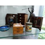 A MINIATURE BUREAU, A LACQUER CABINET, BURR MAPLE DRAWERS, TWO PIECES OF CLOISONNE AND A SPELTER