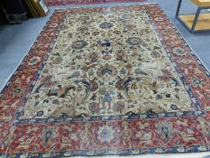 AN ANTIQUE PERSIAN TABRIZ HUNTING CARPET, 394 x 280cms